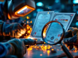 Handen in lashandschoenen houden internationale lascertificaten met zegels, lasser op achtergrond, vergrootglas toont details