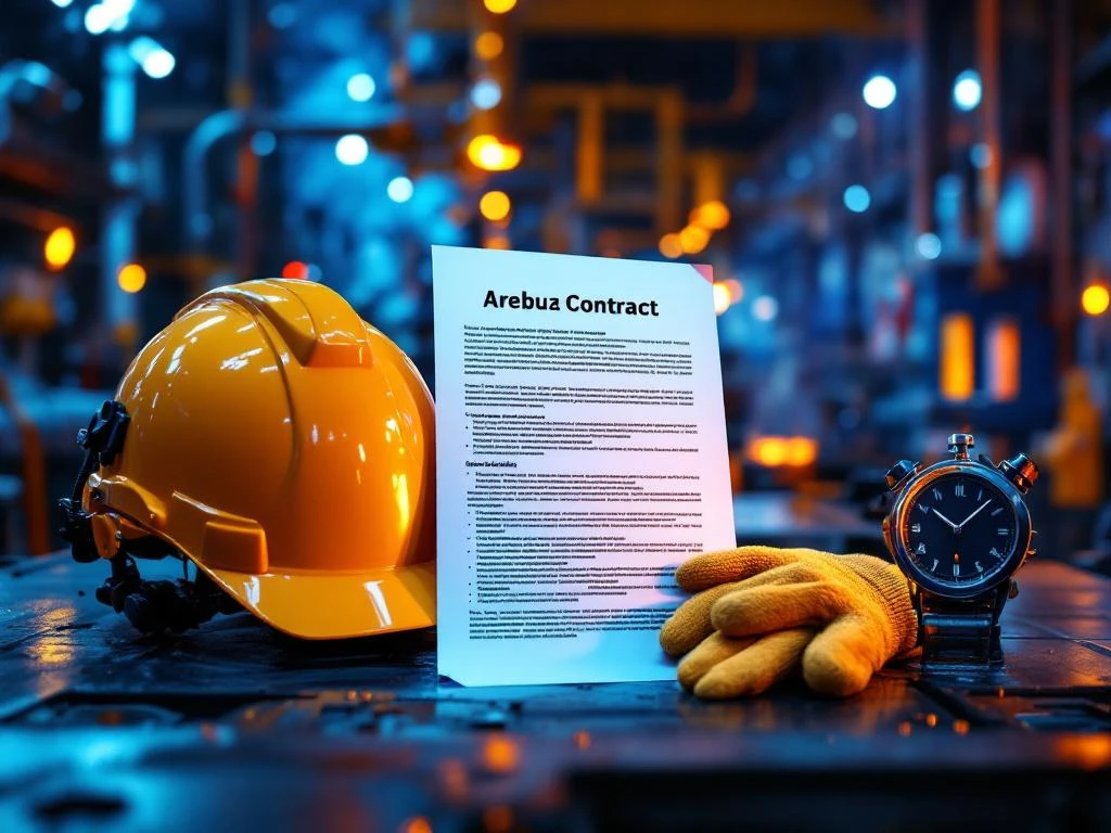 Arbeidscontract naast lashelm en handschoenen op werkbank, lasapparatuur op voorgrond met oranje vonken en blauwe verlichting