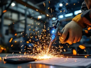 Lasser met handschoenen bedient MIG-lastoorts, oranje vonken spatten. Calculator en kostenberekening op werkbank zichtbaar.