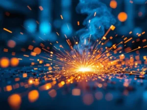 Laswerk met oranje-blauwe vonken op staal, klokken met tijdzones op achtergrond, moderne lasapparatuur en handschoenen