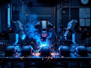 Moderne laswerkplaats met robotlasapparatuur die blauwe vonken produceert, lashelmen en digitale bedieningspanelen