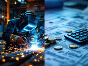 Lasser in veiligheidsuitrusting last met vonken naast calculator en euromunt op technische tekeningen in industriële werkplaats