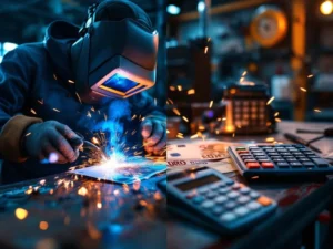 Lasser in veiligheidsuitrusting last met blauwe vonken naast calculator en eurobiljetten op metalen werkbank in industriële werkplaats