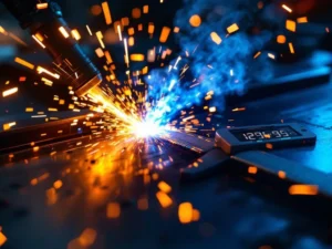 Lasser maakt oranje vonken op staal, meetgereedschappen en digitale timer op voorgrond, productiviteitsgrafiek weerspiegelt