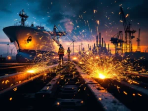 Lasser creëert oranje vonkenregen bij staalconstructie, windturbines en raffinaderijen op achtergrond in industrieel landschap