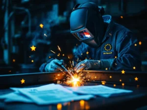 Lasser in beschermende kleding last stalen balk, vonken vliegen. EU-belastingdocumenten op werkbank verlicht door lasboog.