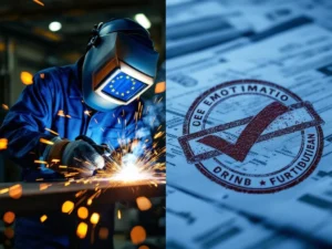 Lasser in blauwe overall last met oranje vonken, EU-sterren weerspiegeld in helm, vergunningen met vinkje op achtergrond