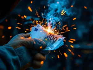 Lashandschoen houdt brandende eurobiljetten vast terwijl oranje lasvonken op achtergrond spatten in donkere werkplaats