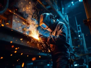 Lasser in beschermende kleding last stalen constructie, vonken spatten tegen donkere industriële achtergrond met internationale vlaggen