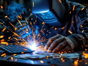 Lasser in beschermende uitrusting last met vonken, calculator en eurobiljetten op werkbank voorgrond