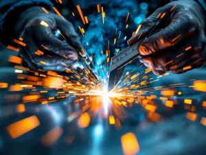 Lasser meet nauwkeurig lasnaad op roestvrij staal met meetinstrument, vonken spatten op achtergrond in werkplaats