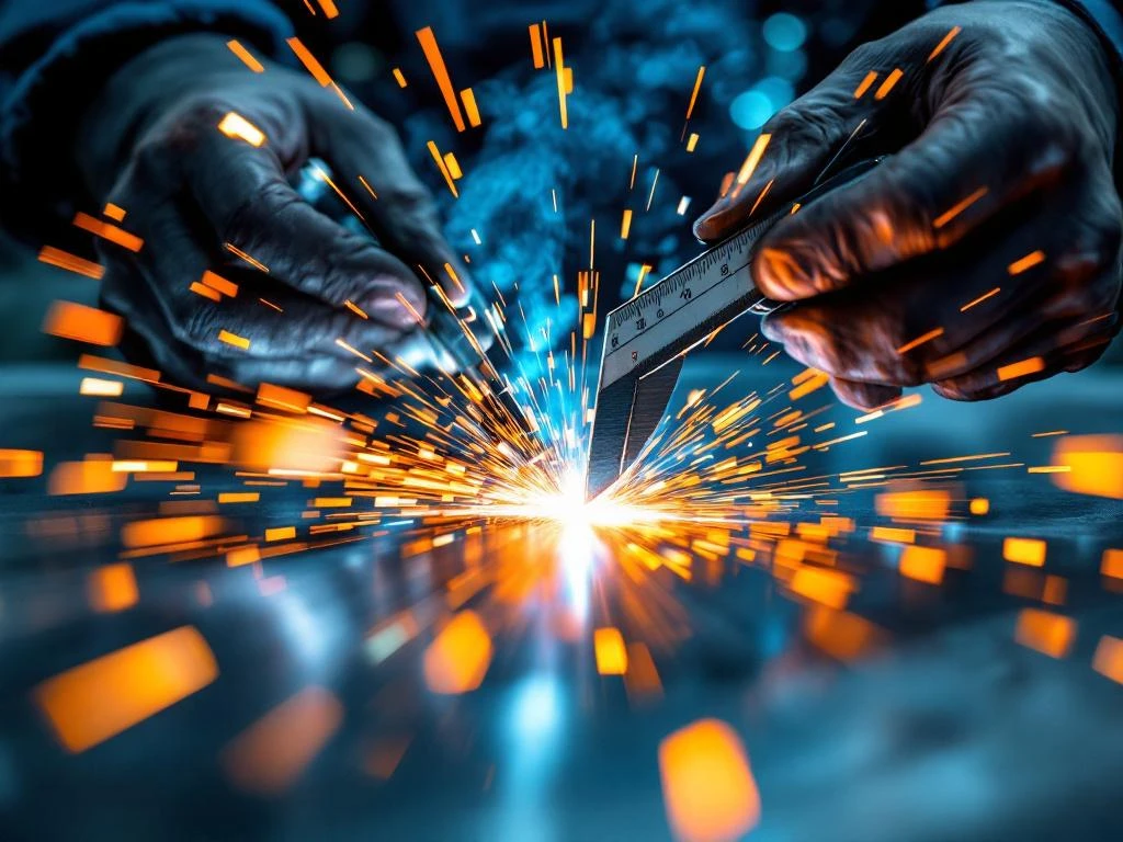 Lasser meet nauwkeurig lasnaad op roestvrij staal met meetinstrument, vonken spatten op achtergrond in werkplaats