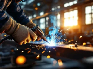 Lasser in handschoenen last stalen balk met MIG-toorts, vonken spatten in moderne werkplaats met gouden zonlicht