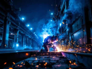 Lasser in veiligheidsuitrusting creëert oranje en blauwe vonken tijdens nachtwerk in moderne fabriek met lege werkstations