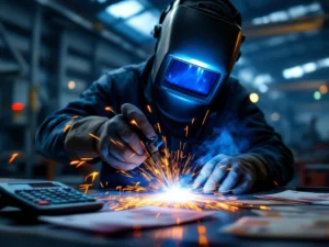 Gecertificeerde lasser aan het werk met vonken, eurobiljetten en certificaten op werkbank in industriële werkplaats