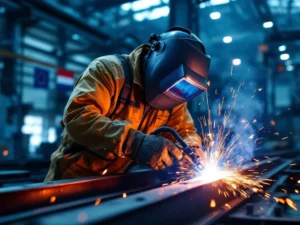 Lasser in beschermende kleding last stalen constructiebalken, blauwe lasboog verlicht werkplaats met EU en Nederlandse vlaggen