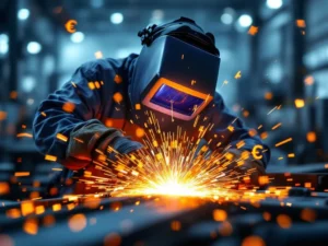 Lasser in beschermende kleding last metaal met oranje vonken, Euro-symbolen en subsidiedocumenten zweven rond werkplek