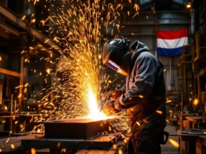 Lasser in beschermende uitrusting creëert oranje vonken bij staalconstructie in donkere werkplaats met lege werkstations