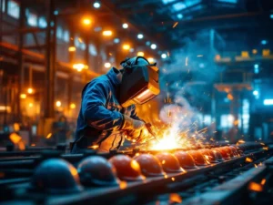 Lasser in beschermende kleding last stalen constructie, oranje vonken verlichten moderne Nederlandse industriefaciliteit