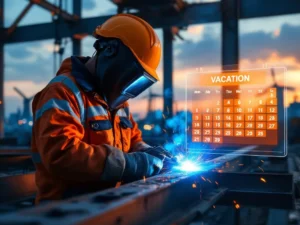 Lasser in beschermende kleding werkt aan stalen balken op bouwplaats met kalender overlay die vakantiedagen toont