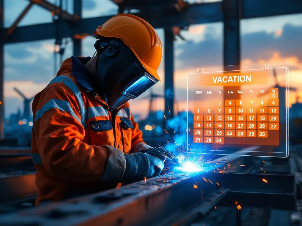Lasser in beschermende kleding werkt aan stalen balken op bouwplaats met kalender overlay die vakantiedagen toont