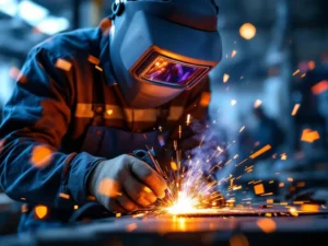 Lasser in beschermende uitrusting met vonken, omringd door holografische verzekeringsdocumenten en veiligheidssymbolen