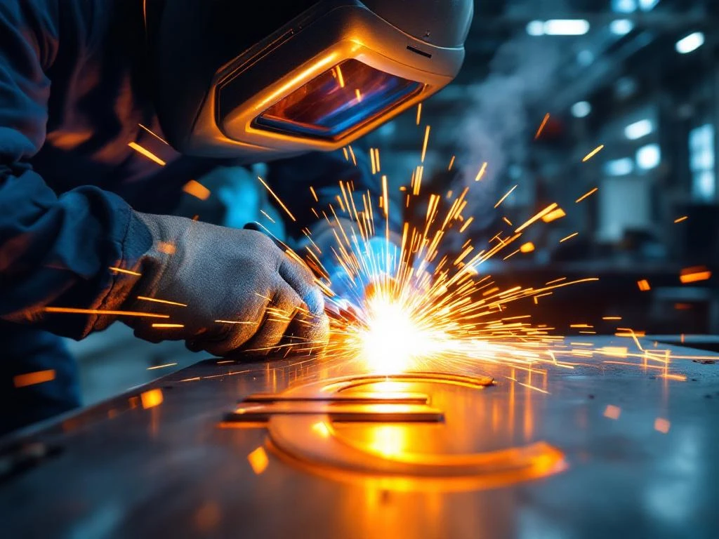 Lasser in beschermende uitrusting maakt euro-symbolen met oranje-blauwe vonken in moderne industriële werkplaats