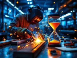 Lasser in beschermende kleding last stalen balken met oranje vonken in moderne fabriek met internationale vlaggen