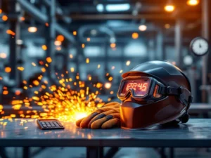 Professionele laswerker werkplek met veiligheidshelm, handschoenen en bril op metalen werkbank in industriële werkplaats