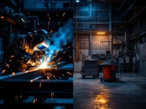 Lasser in beschermende kleding last stalen balken met oranje vonken in moderne werkplaats, rechts lege laspost met apparatuur