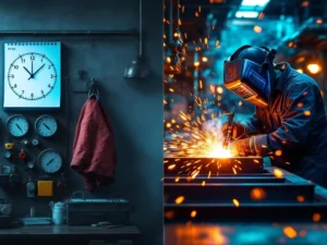 Lasser aan het werk met vonken naast lege werkplek met kalender, symboliseert wachttijd versus actieve lastijd in werkplaats