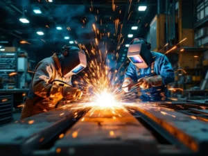 Twee lassers werken zij aan zij: links in oranje veiligheidskleding met modern gereedschap, rechts in blauwe overall met zware balken