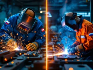 Twee lassers werken zij aan zij: Poolse TIG-lasser links, Nederlandse MIG-lasser rechts, gescheiden door gloeiende lasnaad