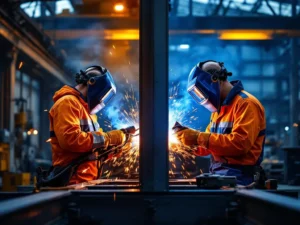 Nederlandse en Oost-Europese lassers werken samen aan staalconstructie, oranje en blauwe veiligheidskleding, lasvonken verlichten werkplaats