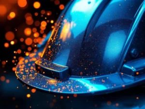 Lasvonken spatten in oranje boog vanaf lastoorts, met blauwe lashelm links en industriële stellages op achtergrond