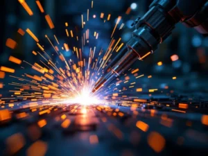 Lasvonken springen uit precisielaspunt met blauwwit licht, metalen onderdelen met perfecte lasnaden op industriële achtergrond