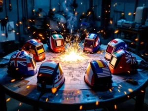 Lashelmen met internationale vlaggen in cirkel op werkbank, centrale vonken verlichten technische tekeningen en veiligheidssymbolen