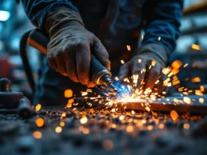 Metaalbewerker gebruikt lastoorts en slijpmachine tegelijk, oranje vonken verlichten staal, werkplaatsapparatuur op achtergrond