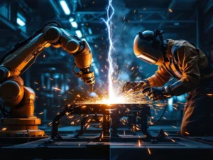 Robotarm en menselijke lasser werken samen in industriële werkplaats, vonken verbinden beide helften in blauw-oranje licht