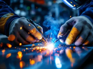 Vakkundige handen in lashandschoenen voeren TIG-lassen uit op staal met blauwwit booglicht en gouden vonken