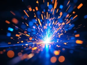 TIG-lastoorts met blauwe lasboog en oranje vonken, digitale KPI-meters op achtergrond in industriële werkplaats