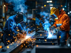Twee lassers: vaste medewerker in blauw links, flexwerker in oranje rechts, beide lassen staal met vonken in industriële werkplaats