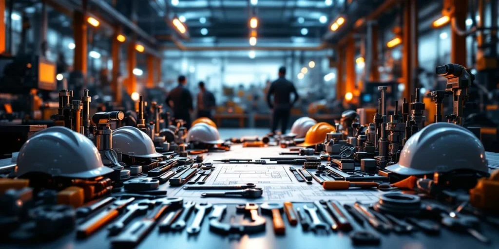 Technische werkplaats met symmetrisch gerangschikte gereedschappen, meetinstrumenten en veiligheidshelmen in oranje-blauw licht
