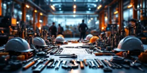Technische werkplaats met symmetrisch gerangschikte gereedschappen, meetinstrumenten en veiligheidshelmen in oranje-blauw licht