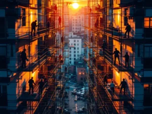 Luchtfoto van twee bouwplaatsen: één druk met schilders en modern materieel, één leeg met minder personeel