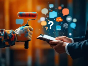 Twee handen met communicatiekloof: werknemer met verfroller en zakenman met klembord op bouwplaats