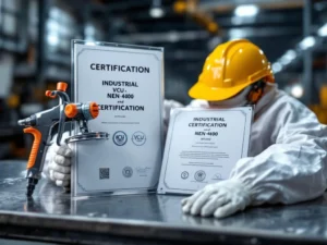 Industriële schildercertificaten VCU en NEN-4400 met spuitpistool, veiligheidskleding en helm op werkbank