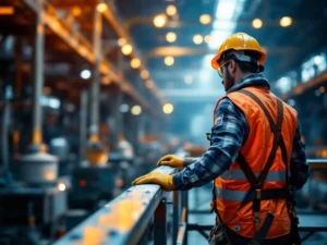 Professionele schilder in veiligheidsuitrusting op steiger in industriële faciliteit met veiligheidsprotocollen