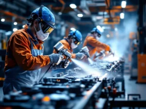 Professionele schilders spuiten metalen onderdelen op productielijn in moderne industriële werkplaats