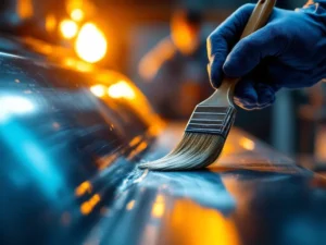 Professionele schilder brengt industriële coating aan met kwast op metalen oppervlak in werkplaats